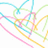 Pixelated abstract composition of overlapping pastel-colored lines in cyan, green, pink, yellow, and purple on a white background.
