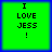 Four identical green squares with blue borders display black pixelated text reading "I LOVE JESS !" in a
