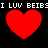 Red heart icons with pixelated text above them on a black background, showing animation changes in heart size and text visibility.