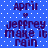 Blue background with white dots, text "April" above a heart symbol and "jeffrey make it rain" below in dark purple pixelated font.