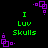 Green text reading "I Luv Skulls" on black background with purple square patterns at corners and sides.
