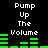 Pixelated text "Pump Up The Volume" appears in white on black background with green audio equalizer bars, two identical frames show different bar patterns.