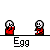 Pixelated character in red outfit with white head and black eyes, holding a yellow object, displayed in a with 'Egg' text below each frame