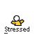 Pixelated character in yellow shirt with white head, arms raised, surrounded by pink falling shapes, text "Stressed" below.