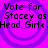 A static image with a bright purple background featuring four identical text blocks arranged in a , each displaying 'Vote for Stacey as Head Girl' in pixelated black text over a purple spiral pattern