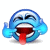 Blue circular emoji with closed eyes, red tongue extended from mouth, and both hands raised in thumbs-up gesture