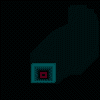 A small square icon with a teal border and red center appears in three positions against a dark background, with the top-left position showing a fainter version of the icon.