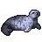 Pixelated seal lies on gray background, body angled left to right, head turned right, dark eyes, spotted light and dark gray fur pattern.
