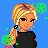 Pixel art contact sheet showing three frames of an animated icon with a blonde character, pink text, and green symbols on blue background.