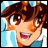 Pixelated anime-style character with brown hair and red eyes, wearing a blue and white outfit, next to text reading "Anime IM" and "c0m" on black background.