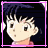 Pixelated anime-style character with dark hair and light skin, surrounded by repeated text elements on a black background.