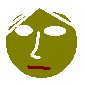 Pixelated circular avatar with green face, gray hair, and changing facial features including eye color, mouth shape, and partial red/purple overlays.