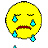 Two pixelated yellow smiley faces with blue tears on a gray background, showing different crying expressions across two frames.