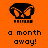 Pixelated black crown icon with orange interior on bright orange background, text 'a month away!' below in pixel font.