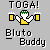 Pixel art icon shows a character with green hair holding two yellow mugs, with 'TOGA!' text above and 'Bluto Buddy' text below on gray background.