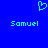 Blue background with cyan pixelated heart symbol above two instances of the name 'Samuel' in cyan text.