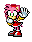 Four pixel-art poses of a pink hedgehog character with green eyes, red dress, white gloves, and red shoes against gray background.