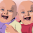 Two pixelated baby faces with open mouths, one in purple clothing and the other in red, positioned side-by-side against a light background.
