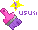 Pixelated icon of a pink paintbrush with purple bristles and a yellow star, next to the text 'usuki' in purple and pink lettering on a gray background.