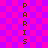 A static pixel art image with a pink and purple checkered background displaying the word 'PARIS' vertically in brown text on both sides.