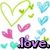 A static image with a white background filled with repeating heart shapes in green, pink, and light blue, overlaid by purple text fragments reading 'love.', '.ove.', '..ve.', '...e.'.