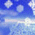 Animated sequence of white snowflakes falling against a blue sky with scattered clouds, transitioning from dense to sparse distribution.