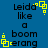 Blue background with black text reading "Leida like a boomerang" and yellow square-based pixel art decorations.