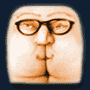 Four rounded square display a single cartoon face with glasses, showing sequential mouth expressions against a dark blue background