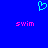 A static image with a solid blue background, featuring a cyan pixelated heart symbol at the top center and two pink 'swim' texts below it.