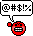 Red pixelated face with gritted teeth and a small red mark on its left cheek, above speech bubbles containing shifting symbol sequences.
