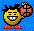Pixelated character with yellow face, black spiky hair, and red shoes holds a large orange object against blue checkered background.