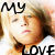 A pixelated image of a person with blonde hair, showing two states: one with black text 'MY LOVE' and another with red text.