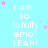 Light blue background with repeated white text "i am so totally emo! YEAH!" and scattered pink and light purple stars.
