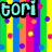 Pixelated text labels 'tori', 'olivia', and 'loren' appear over a rainbow striped background with scattered colored dots.