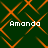 Four identical pixelated text labels reading "Amanda" appear on a dark green background with orange geometric patterns.
