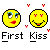 Pixelated yellow smiley faces with distinct expressions, red hearts floating above, and 'First Kiss' text below on gray background.