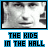 Five grayscale pixelated faces with blue text below each, all displaying 'THE KIDS IN THE HALL' in blocky blue letters on a gray background.