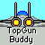 A 4x4 contact sheet of pixel art frames showing a gray fighter jet with blue accents and yellow engine glows, transitioning from cockpit view to full aircraft in flight over water, labeled "TopGun Buddy" beneath each frame.