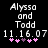 Pixelated text displays 'Alyssa and Todd 11.16.07' with pink heart symbols below, showing animation changes in the fourth heart's color.