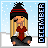 Pixel art of a blonde woman in a red and black hat, red vest, and black pants, with a blue snowy background and vertical 'DECEMBER' text.