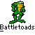 Green frog-like character with yellow underbelly in various poses above repeated text "Battletoads" on gray background.