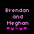 Pixelated text 'Brendan and Meghan' in pink with five pink and purple hearts below on black background.