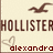 Pixelated icon with brown text 'HOLLISTER' and partial name 'alexandra', featuring a seagull silhouette above and heart outline below on beige background.