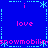 Blue background with pink and cyan pixelated text and symbols arranged in a pattern