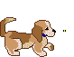 Pixel art contact sheet of a brown and white puppy dog in three walking poses, three standing poses, and three crouching poses with blue collar and yellow eyes on gray background.