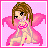 Pixel art contact sheet of a fairy character with pink wings and outfit across six animated frames showing text and pose changes.