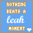 A 48x48 pixel animated buddy icon featuring a blue background with brown text boxes and white script text, showing two frames of animation where the central 'leah' text changes from light blue to brown while maintaining other elements.