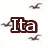 A pixelated icon with a dark brown rectangular frame containing white text "Ita" and three gray bird silhouettes in flight against a white background.