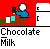 Animated sequence of a cartoon figure pouring liquid into a container, with repeated 'Chocolate Milk' text below each frame.