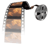 Animated film strip with showing sky and clouds, attached to a metal reel on white background